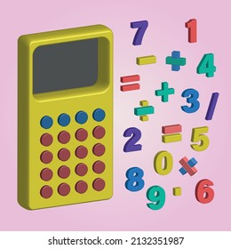 Gráficos vectoriales de calculadora 3D con conjunto de números y operaciones matemáticas iguales a menos dividendo más multicolor para la universidad escolar y de estudio y fórmulas 