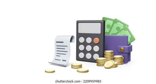 3D calculator wallet with paper currency and bill with gold coins stack. Accounting and finance calculation concept. Money management and savings. Vector illustration