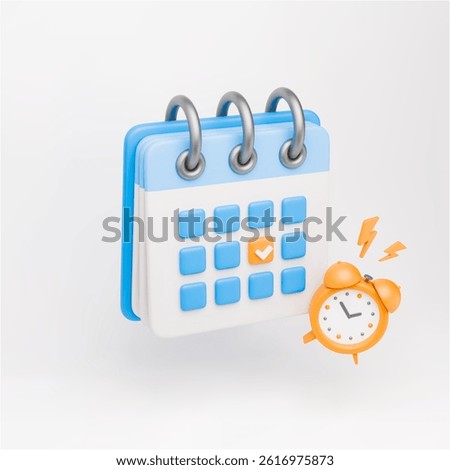 3D calendar and alarm clock. Realistic icon event meeting reminder. Working day planning concept. Ringing gold bell, golden lightning around - notification alert symbol. Isolated vector illustration