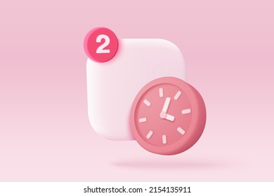 3D Calendar App Icon With Notification Alert, Online Social Conversation Comment Push Notice Cartoon Concept, Clock App Icons, Chat With Social Media. 3d Hours Reminder Render Vector Illustration