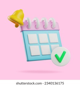 3D calendar appointment concept. 3d render planner with success check mark and reminder yellow ringing bell. Realistic cartoon time management illustration on pink background