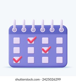 3d Calendar assignment icon with check sign. Planning concept. Day month year time concept. 3d rendering. Vector illustration