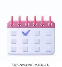 3d Calendar assignment icon with check sign. Planning concept. Day month year time concept. 3d rendering. Vector illustration