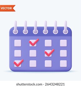 3d Calendar assignment icon with check sign. Planning concept. Day month year time concept. 3d rendering. Vector illustration
