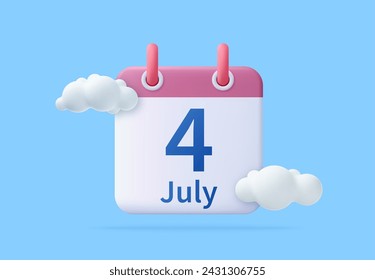 3d Calendar assignment icon July 4. Daily calendar of single-leaf rings, red spine, Planning concept. Day month year time concept. 3d rendering. Vector illustration