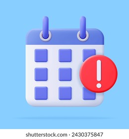 3d Calendar assignment icon. Notification icon and calendar deadline. Planning concept. Day month year time concept. 3d rendering. Vector illustration