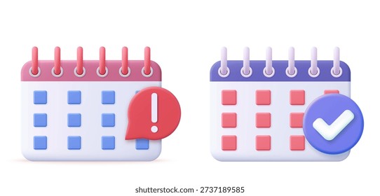 3d Calendar assignment icon. Notification icon and calendar deadline. Planning concept. Day month year time concept. 3d rendering. Vector illustration
