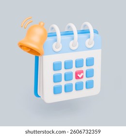 3D calendar with bell notification. Realistic reminder symbol of event planner with ringing yellow bell. Reminder, meeting and time concept. Vector icon on light gray background.