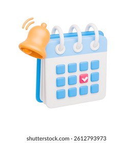 3D calendar with bell notification. Realistic reminder symbol of event planner with ringing yellow bell. Reminder, meeting and time concept. Vector icon isolated on white background.