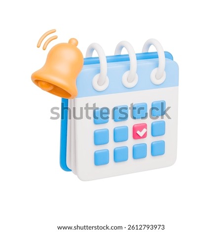 3D calendar with bell notification. Realistic reminder symbol of event planner with ringing yellow bell. Reminder, meeting and time concept. Vector icon isolated on white background.
