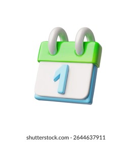 Calendário 3D azul e verde com o número um na página. Evento, alerta, lembrete, agendamento, planejamento. Organizador de desenhos animados. Papelaria. Ilustração vetorial. Ícone. Plano de fundo isolado. Renderizar.