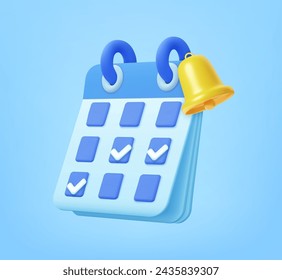 3D Calendar with check mark in date and bell notification. Meeting reminder planner. Daily work done with tick. Mark every day. 3d rendering. Vector illustration