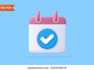 calendário 3d com ícone de marca de seleção. conceito mínimo de data de compromisso aceito, sucesso, aprovado, confirmar, Concluído. Conceito de planejamento. renderização 3d. Ilustração vetorial
