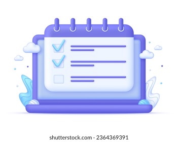 3d Calendar and check marks on Computer. Planning concept. Concept of workflow organization. Trendy and modern vector in 3d style.