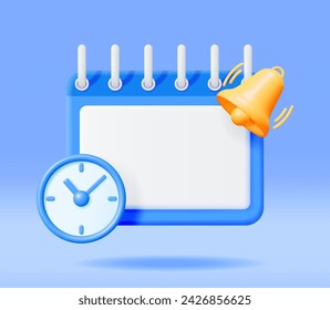 Calendario 3D con reloj y alerta de campana aislado. Representar calendario e icono de campana. Programación, Cita, Organizador, Parte de horas, Fecha importante. Concepto de notificación de recordatorio. Ilustración vectorial mínima