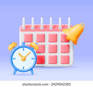 3D Calendar with Clock and Bell Alert Isolated. Render Calendar and Bell Icon. Schedule, Appointment, Organizer, Timesheet, Important Date. Reminder Notification Concept. Minimal Vector Illustration