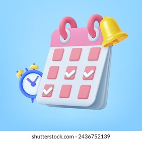 3d Calendar with clock and bell. organizer with watch and bell for business reminder and event planning or deadline concept. 3d rendering. Vector illustration