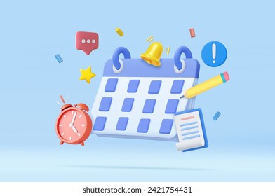 3d Calendar concept. calendar with scheduled dates and appointments, clock, to-do list with tasks, reminders and messages. 3d rendering. Vector illustration