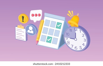 3D Calendar concept.Icon composition with calendar with scheduled dates and appointments, clock, to-do list with tasks, reminders and messages.3d goal for technology,online social media usage.