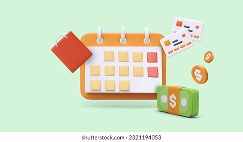 3D calendar, credit cards, coins, banknotes, paper bag. Cost planning, management. Personal, family budget. List of necessary purchases. Learning to control finances