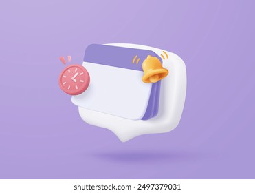 3d calendar date and time for reminder day with notice alert. Calendar clock for schedule appointment and marked notifications alert concept. 3d date reminder icon vector render illustration