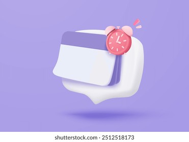 3d calendar date and time for reminder day with notice alert. Calendar clock for schedule appointment and marked notifications alert concept. 3d date reminder icon vector render illustration