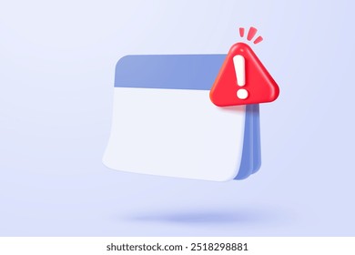 3d calendar date and time for reminder day in purple background. Calendar with red danger attention bell or emergency notifications alert concept. 3d alarm warning icon vector render illustration