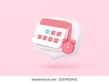 3d calendar date and time for reminder day with notice alert. Calendar clock for schedule appointment and marked notifications alert concept. 3d date reminder icon vector render illustration