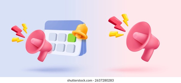 3d calendar date and time for reminder day with megaphone speaker or loudspeaker for announce. Calendar with red danger attention. 3d speakerphone notifications alert icon vector render illustration