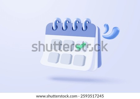 3d calendar date and time for reminder day with notice alert. Calendar clock for schedule appointment and marked notifications alert concept. 3d date reminder icon vector render illustration