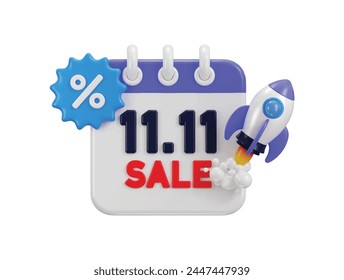 3d calendar with discount badge and rocket concept on 11.11 advertising campaign  icon 3d render vector illustration