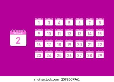 3d calendar for february from 1st to 29th, 3d calendar for reminders, planning and schedules