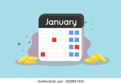 3D calendar, gold coin. Financial illustration vector consistent saving or investing routine every day or every month to become a millionaire, capital market, financial freedom, 3D gold coin