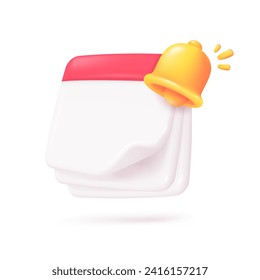 3D calendar with golden bells reminding of meeting appointments. 3D Vector Illustration.