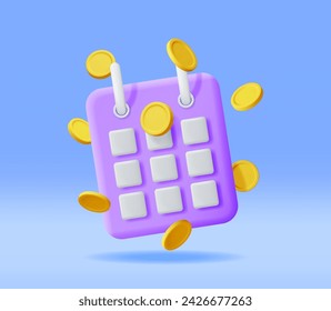 3D Calendar and Golden Coins Isolated. Render Time is Money Concept. Annual Revenue, Financial Investment, Savings, Bank Deposit, Future Income, Business Money Benefit. Vector Illustration