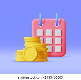 3D Calendar and Golden Coins Isolated. Render Time is Money Concept. Annual Revenue, Financial Investment, Savings, Bank Deposit, Future Income, Business Money Benefit. Vector Illustration