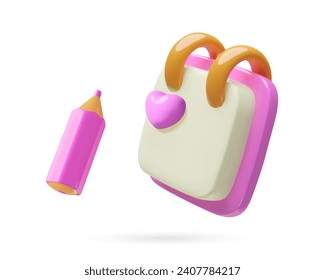 3d calendar with heart mark and a pink pencil. Valentine's Day or romantic date reminder icon. Realistic plastic three dimensional vector illustration on a white background.
