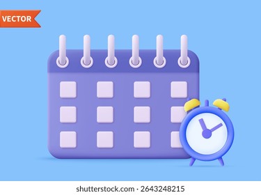 3d Calendar icon. alarm clock minimal cartoon style design. Day month year time concept. website banner. 3d rendering. Vector illustration