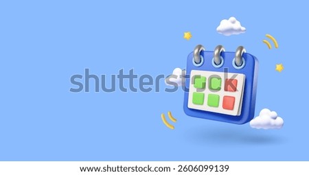 3D calendar icon, Cartoon schedule plan Organizer sign. Planning concept isolated vector. Month or week page reminder on binder rings with event date notification for schedule agenda
