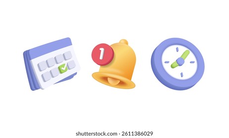 3D Calendar Icon with Checkmark, Time and Notification. Schedule, Appointment, Deadline, Planning Vector Illustration.