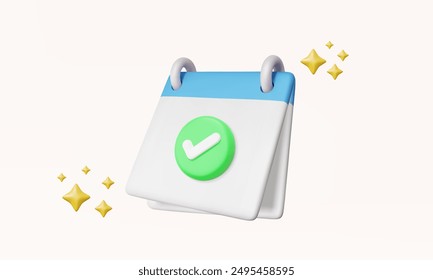 3D Calendar icon with correct green mark warning. confetti sparkle event schedule presentation planner design day month year time agenda checkmark date, website. Eps 10 vector. 3d render illustration.