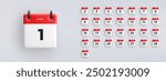 3D calendar icon with date from 1 to 30 of June on gray background. Vector schedule symbol collection.