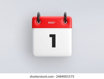 3D calendar icon with date 1 May on grey background. Vector schedule symbol.