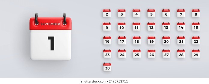 3D calendar icon with date 1 September on grey background. Vector schedule symbol.