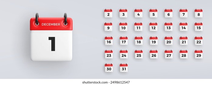 Icono de calendario 3D con fecha del 1 al 31 de diciembre sobre fondo gris. colección de símbolos de programación de Vectores.