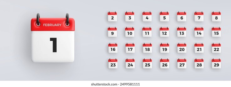 3D calendar icon with date from 1 to 31 of February on gray background. Vector schedule symbol collection.