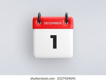 3D calendar icon with date 1 December on grey background. Vector schedule symbol.