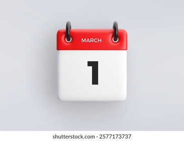 3D calendar icon with date 1 March on grey background. Vector schedule symbol.
