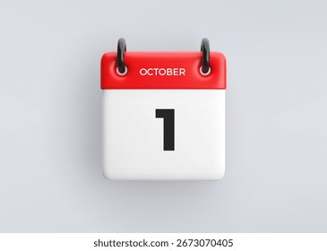 Ícone de calendário 3D com data de 1 de outubro no plano de fundo cinza. Símbolo de agenda de vetor.