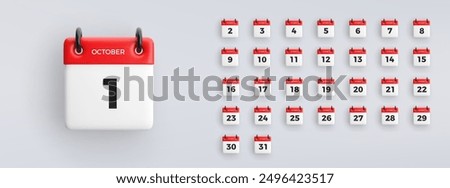 3D calendar icon with date from 1 to 31 of October on gray background. Vector schedule symbol collection.